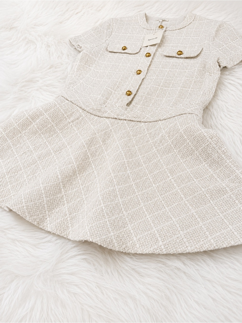 Ipponelli Ivory Tweed Dress NWT Size Large Gold Buttons